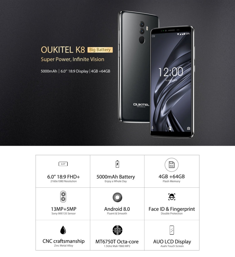 [HK Warehouse] OUKITEL K8, 4GB+64GB, Dual Back Cameras, Face ID & Fingerprint Identification, 5000mAh Battery, 6.0 inch Android 8.0 MTK6750T Octa Core up to 1.5GHz, Network: 4G, OTG (Space Gray)