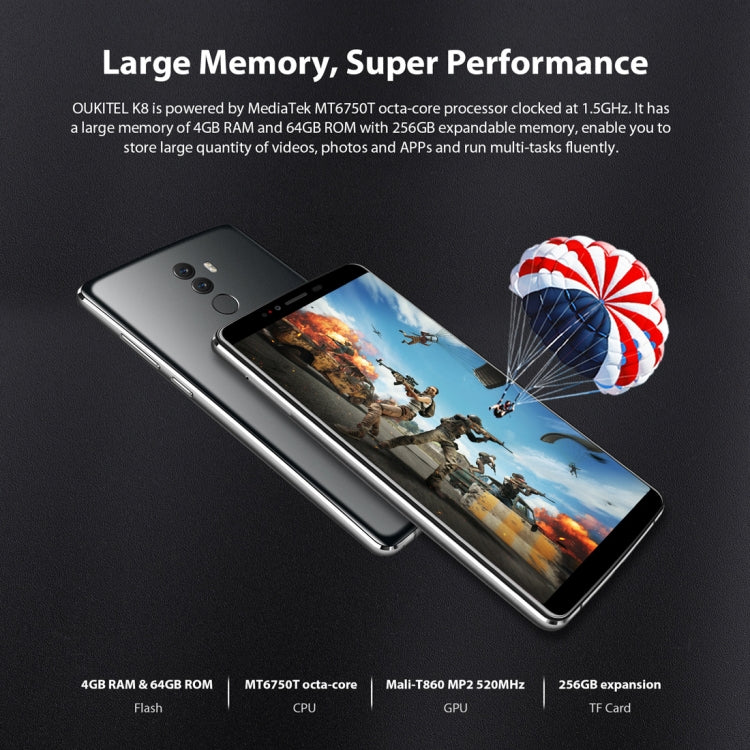 [HK Warehouse] OUKITEL K8, 4GB+64GB, Dual Back Cameras, Face ID & Fingerprint Identification, 5000mAh Battery, 6.0 inch Android 8.0 MTK6750T Octa Core up to 1.5GHz, Network: 4G, OTG (Space Gray)