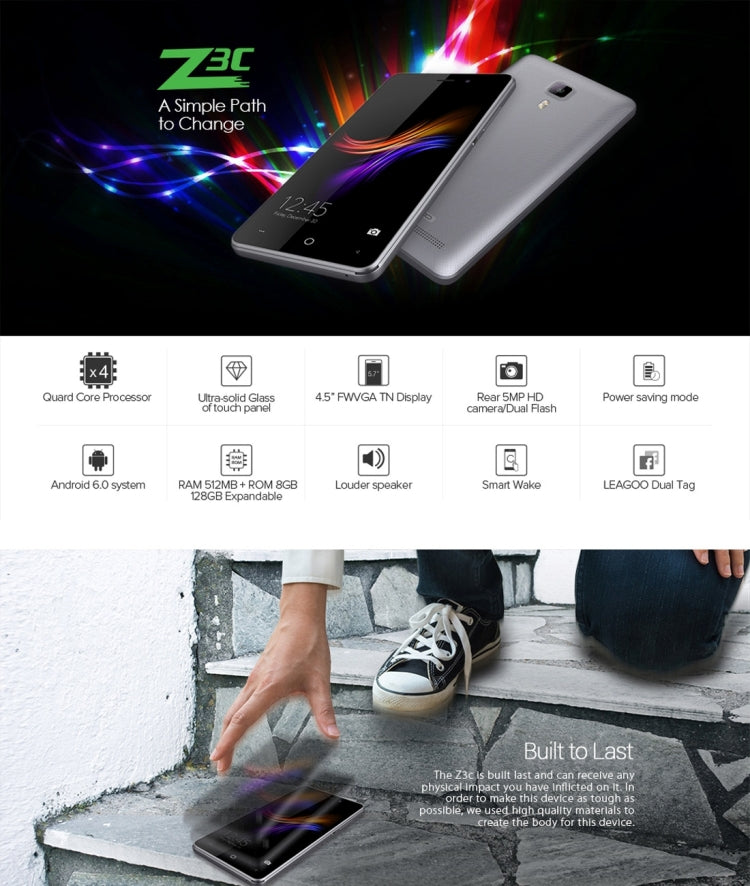 [HK Warehouse] LEAGOO Z3C, 512MB+8GB, 4.5 inch LEAGOO OS 1.1 Lite (Android 6.0) SC7731c Cortex A7 Quad Core up to 1.3GHz, Network: 3G (European Version)(Gold)
