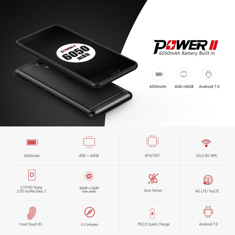 [HK Warehouse] Ulefone Power 2,  4GB+64GB, 6050mah Big Battery, Front Fingerprint Scanner, 5.5 inch Android 7.0 MTK6750T Octa-core up to 1.5GHz, Network: 4G,  OTG,  Dual SIM(Grey)