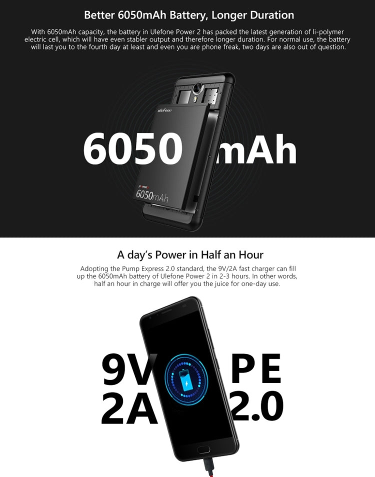 [HK Warehouse] Ulefone Power 2,  4GB+64GB, 6050mah Big Battery, Front Fingerprint Scanner, 5.5 inch Android 7.0 MTK6750T Octa-core up to 1.5GHz, Network: 4G,  OTG,  Dual SIM(Grey)