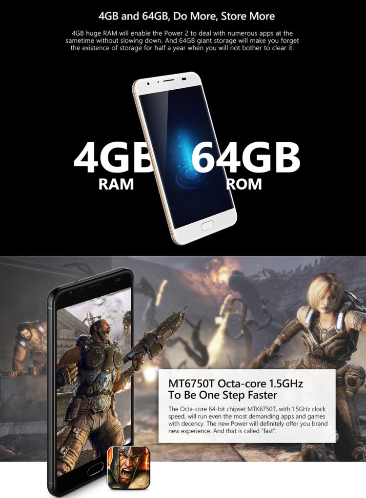 [HK Warehouse] Ulefone Power 2,  4GB+64GB, 6050mah Big Battery, Front Fingerprint Scanner, 5.5 inch Android 7.0 MTK6750T Octa-core up to 1.5GHz, Network: 4G,  OTG,  Dual SIM(Grey)