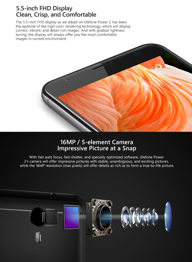 [HK Warehouse] Ulefone Power 2,  4GB+64GB, 6050mah Big Battery, Front Fingerprint Scanner, 5.5 inch Android 7.0 MTK6750T Octa-core up to 1.5GHz, Network: 4G,  OTG,  Dual SIM(Grey)