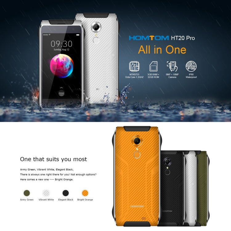 [HK Warehouse] HOMTOM HT20 Pro Tri-proofing Phone, 3GB+32GB, IP68 Waterproof Dustproof Shockproof, Fingerprint Identification, 4.7 inch Android 6.0 MTK6753 Octa Core up to 1.3GHz, OTG, OTA, Network: 4G, CE & RoHs Certificated