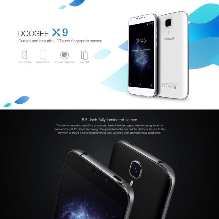 DOOGEE X9 16GB, Network: 3G, DTouch Fingerprint, 5.5 inch 2.5D Android 6.0 MTK6580 Quad Core, RAM: 1GB, OTG, OTA, Dual SIM