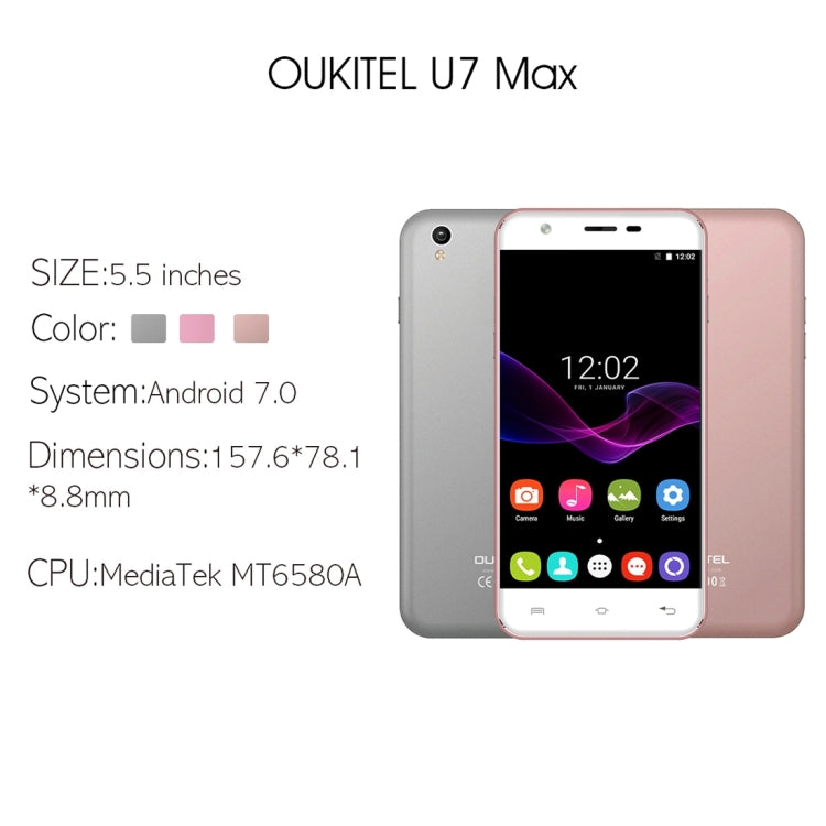 [HK Warehouse] OUKITEL U7 Max, 1GB+8GB, V Hand Automatic Photograph, Letters Quick Open APP, 5.5 inch 2.5D Curved Screen, Android 6.0 OS, MT6580A Quad Core 64-bit 1.3GHz, Network: 3G