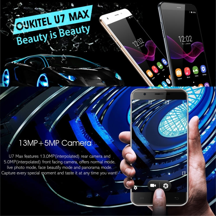 [HK Warehouse] OUKITEL U7 Max, 1GB+8GB, V Hand Automatic Photograph, Letters Quick Open APP, 5.5 inch 2.5D Curved Screen, Android 6.0 OS, MT6580A Quad Core 64-bit 1.3GHz, Network: 3G