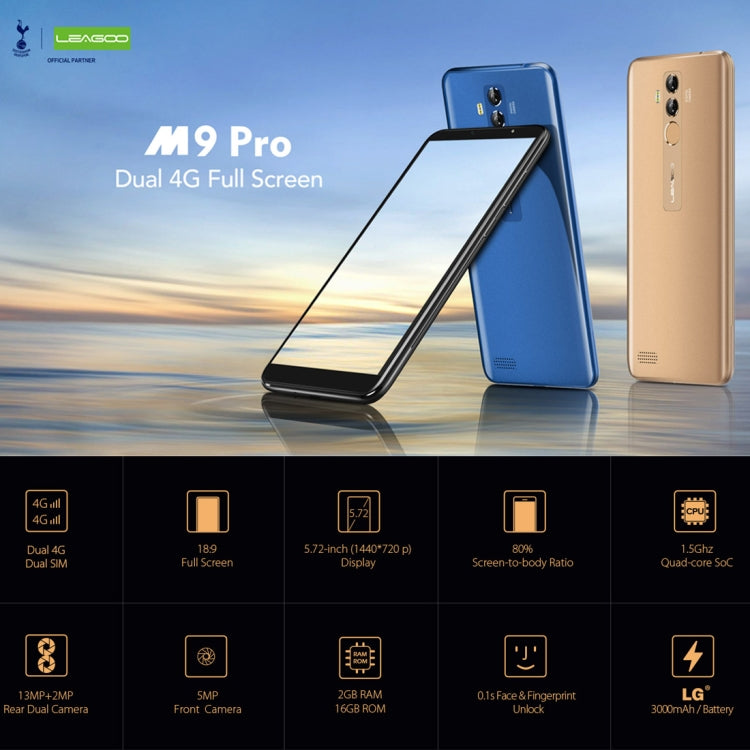 [HK Warehouse] LEAGOO M9 Pro, Dual 4G, 2GB+16GB, Dual Back Cameras, Face & Fingerprint Identification, 5.72 inch Android 8.1 MTK6739V Quad Core up to 1.5GHz, Network: 4G, Dual SIM(Black)