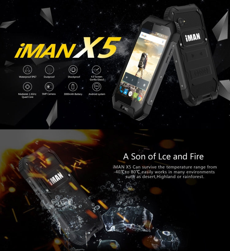 iMAN X5 Triple Proofing Phone, 1GB+8GB, IP67 Waterproof Dustproof Shockproof, 4.5 inch Android 5.1 MTK6580 Quad Core up to 1.3GHz, Network: 3G, Dual SIM, Torch, SOS, FM, BT, WiFi, GPS(Black)
