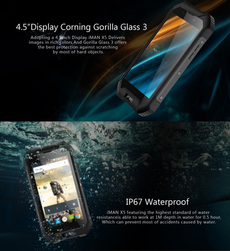 iMAN X5 Triple Proofing Phone, 1GB+8GB, IP67 Waterproof Dustproof Shockproof, 4.5 inch Android 5.1 MTK6580 Quad Core up to 1.3GHz, Network: 3G, Dual SIM, Torch, SOS, FM, BT, WiFi, GPS(Black)