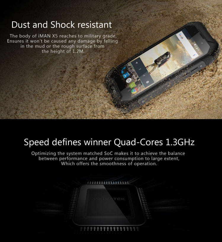 iMAN X5 Triple Proofing Phone, 1GB+8GB, IP67 Waterproof Dustproof Shockproof, 4.5 inch Android 5.1 MTK6580 Quad Core up to 1.3GHz, Network: 3G, Dual SIM, Torch, SOS, FM, BT, WiFi, GPS(Black)
