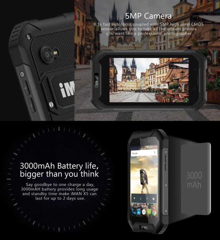 iMAN X5 Triple Proofing Phone, 1GB+8GB, IP67 Waterproof Dustproof Shockproof, 4.5 inch Android 5.1 MTK6580 Quad Core up to 1.3GHz, Network: 3G, Dual SIM, Torch, SOS, FM, BT, WiFi, GPS(Black)