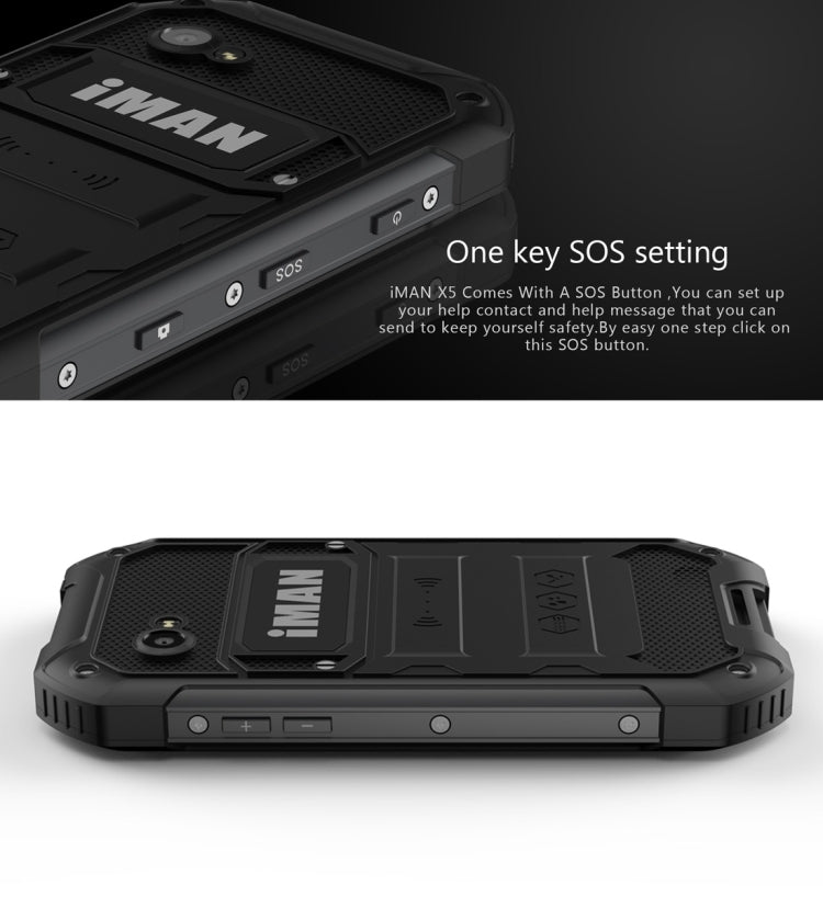 iMAN X5 Triple Proofing Phone, 1GB+8GB, IP67 Waterproof Dustproof Shockproof, 4.5 inch Android 5.1 MTK6580 Quad Core up to 1.3GHz, Network: 3G, Dual SIM, Torch, SOS, FM, BT, WiFi, GPS(Black)