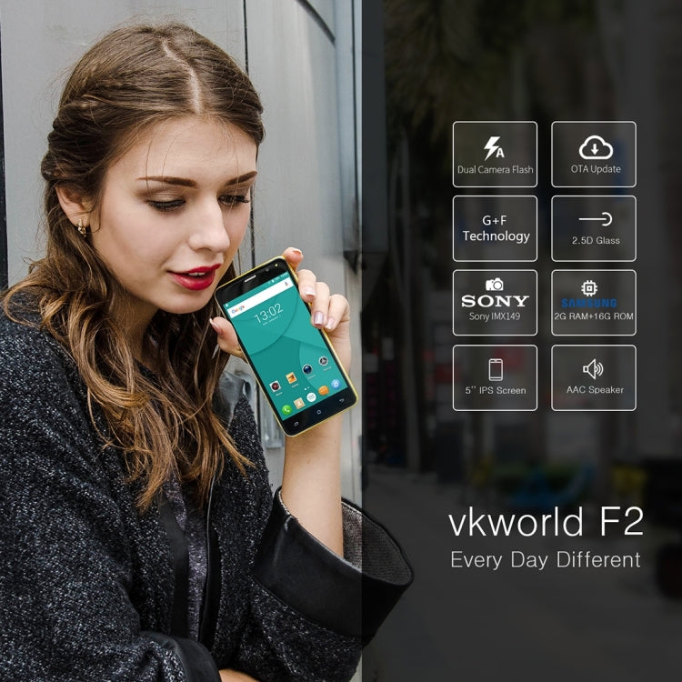 [HK Warehouse] VKworld F2, 2GB+16GB, 5.0 inch 2.5D Android 6.0 MTK6580A Quad Core up to 1.3GHz, Network: 3G, Dual SIM, OTA, GPS