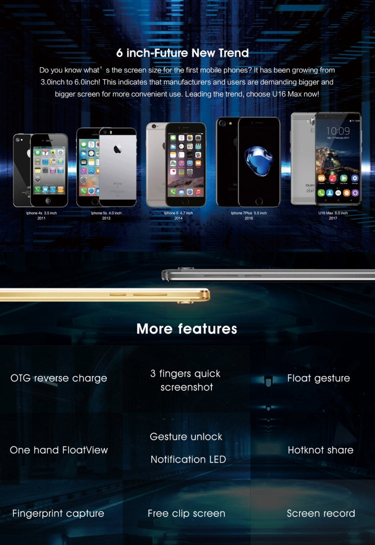 [HK Warehouse] OUKITEL U16 Max, 3GB+32GB, Press Fingerprint Identification,  6.0 inch 2.5D Arc JDI Screen Android 7.0 MTK6753 Octa Core up to 1.3GHz, Network: 4G, Dual SIM, GPS