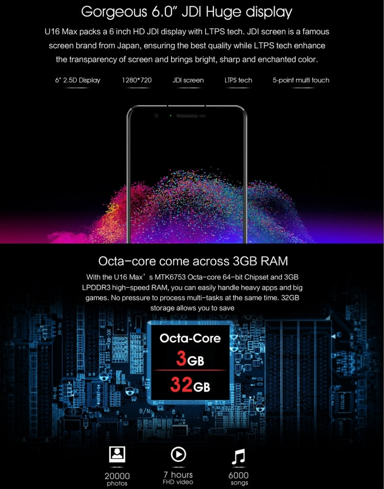 [HK Warehouse] OUKITEL U16 Max, 3GB+32GB, Press Fingerprint Identification,  6.0 inch 2.5D Arc JDI Screen Android 7.0 MTK6753 Octa Core up to 1.3GHz, Network: 4G, Dual SIM, GPS