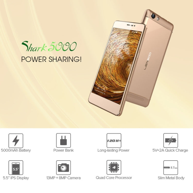 [HK Warehouse] LEAGOO Shark 5000, 1GB+8GB, 5000mAh Large Capacity, 5.5 inch LEAGOO OS 2.0 (Android 6.0) MTK6580A Quad Core up to 1.3GHz, Network: 3G,  OTG, QC, WiFi, BT, Dual SIM