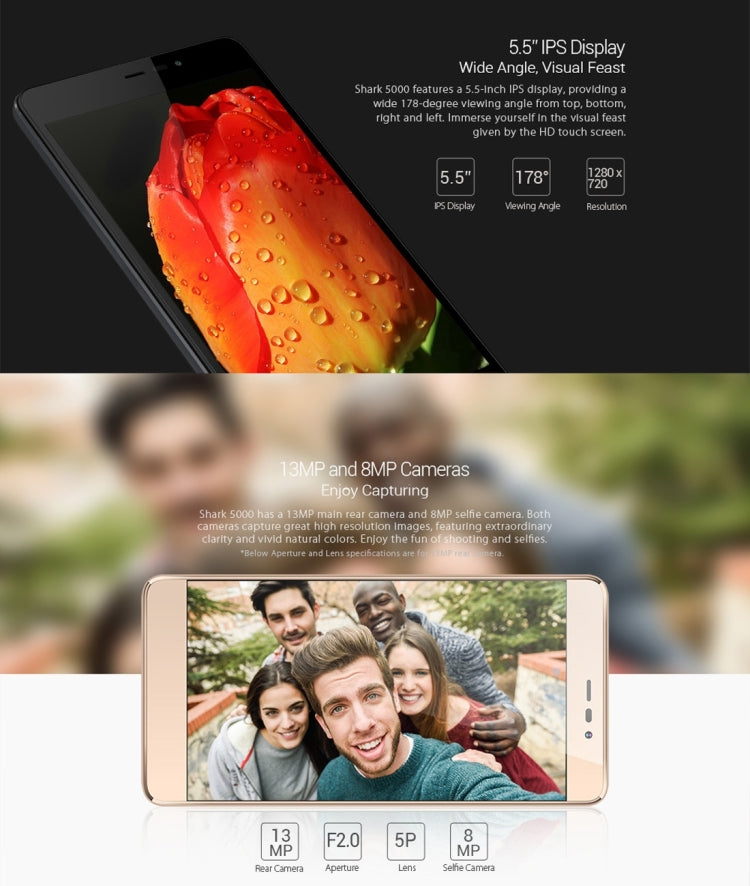 [HK Warehouse] LEAGOO Shark 5000, 1GB+8GB, 5000mAh Large Capacity, 5.5 inch LEAGOO OS 2.0 (Android 6.0) MTK6580A Quad Core up to 1.3GHz, Network: 3G,  OTG, QC, WiFi, BT, Dual SIM