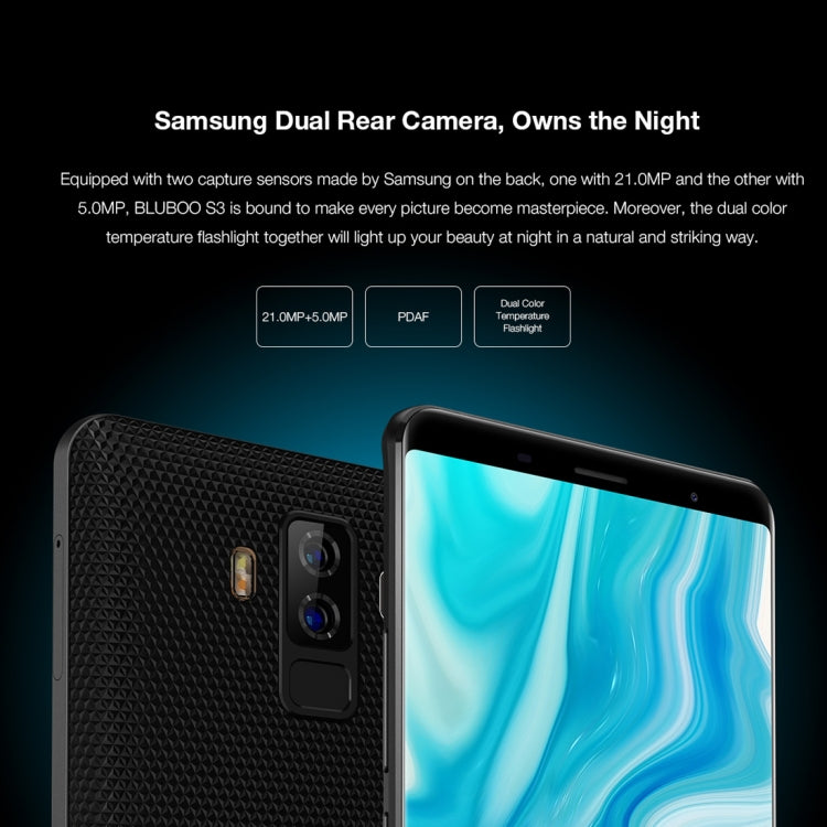 [HK Warehouse] BLUBOO S3, 4GB+64GB, Dual Back Cameras, Face & Fingerprint Identification, 8500mAh Battery, 6.0 inch Android 7.0 MTK6750T Octa Core up to 1.5GHz, Network: 4G, VoLTE, NFC, WiFi, GPS, OTG, Bluetooth, Dual SIM