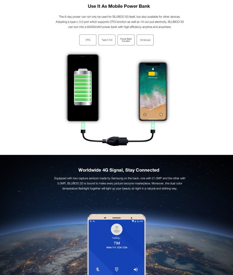 [HK Warehouse] BLUBOO S3, 4GB+64GB, Dual Back Cameras, Face & Fingerprint Identification, 8500mAh Battery, 6.0 inch Android 7.0 MTK6750T Octa Core up to 1.5GHz, Network: 4G, VoLTE, NFC, WiFi, GPS, OTG, Bluetooth, Dual SIM