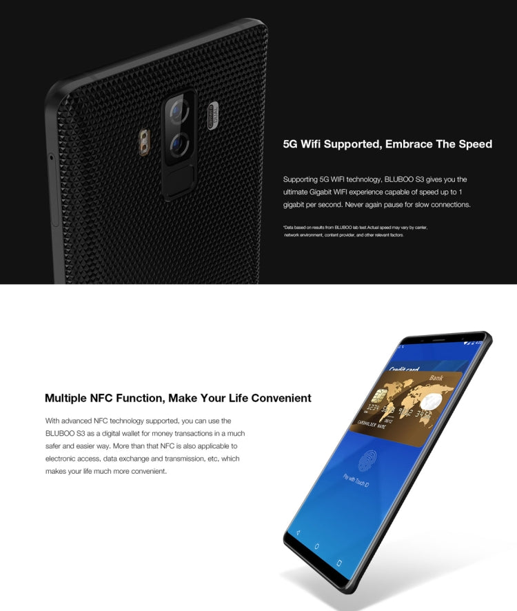 [HK Warehouse] BLUBOO S3, 4GB+64GB, Dual Back Cameras, Face & Fingerprint Identification, 8500mAh Battery, 6.0 inch Android 7.0 MTK6750T Octa Core up to 1.5GHz, Network: 4G, VoLTE, NFC, WiFi, GPS, OTG, Bluetooth, Dual SIM