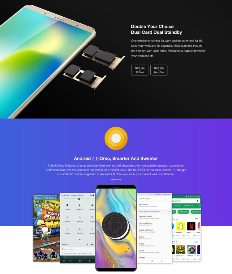 [HK Warehouse] BLUBOO S3, 4GB+64GB, Dual Back Cameras, Face & Fingerprint Identification, 8500mAh Battery, 6.0 inch Android 7.0 MTK6750T Octa Core up to 1.5GHz, Network: 4G, VoLTE, NFC, WiFi, GPS, OTG, Bluetooth, Dual SIM