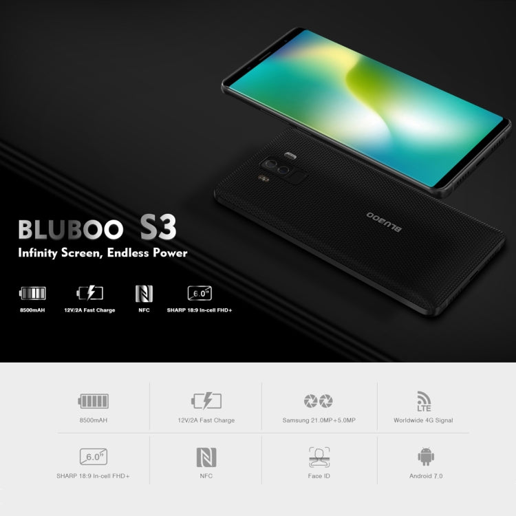 [HK Warehouse] BLUBOO S3, 4GB+64GB, Dual Back Cameras, Face & Fingerprint Identification, 8500mAh Battery, 6.0 inch Android 7.0 MTK6750T Octa Core up to 1.5GHz, Network: 4G, VoLTE, NFC, WiFi, GPS, OTG, Bluetooth, Dual SIM