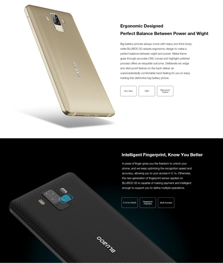 [HK Warehouse] BLUBOO S3, 4GB+64GB, Dual Back Cameras, Face & Fingerprint Identification, 8500mAh Battery, 6.0 inch Android 7.0 MTK6750T Octa Core up to 1.5GHz, Network: 4G, VoLTE, NFC, WiFi, GPS, OTG, Bluetooth, Dual SIM