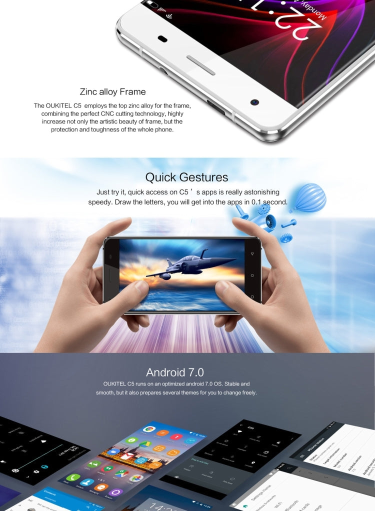 [HK Warehouse] OUKITEL C5, 2GB+16GB, 5.0 inch Android 7.0 MTK6580 Quad Core up to 1.3GHz, Network: 3G, Dual SIM, GPS, OTA, FM(Black)