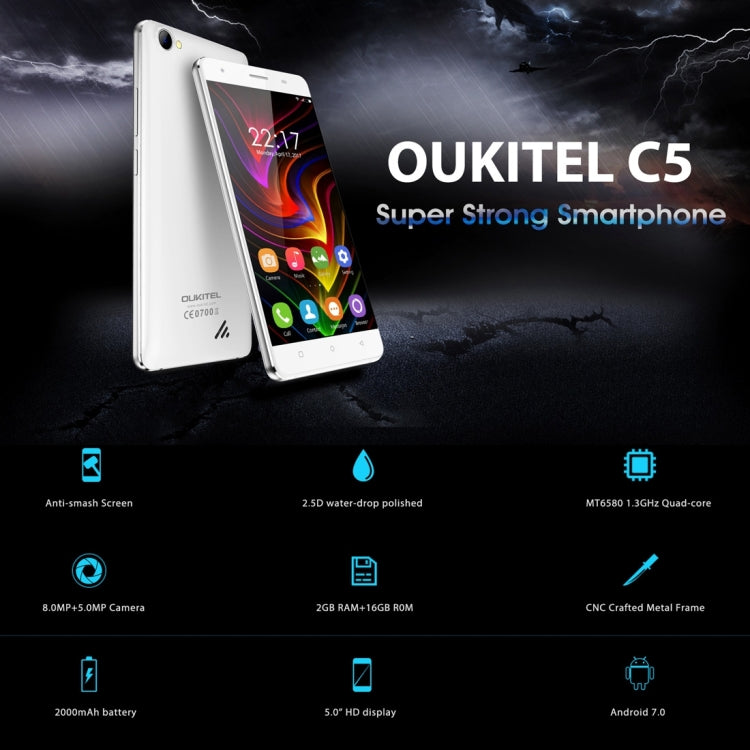 [HK Warehouse] OUKITEL C5, 2GB+16GB, 5.0 inch Android 7.0 MTK6580 Quad Core up to 1.3GHz, Network: 3G, Dual SIM, GPS, OTA, FM(Black)