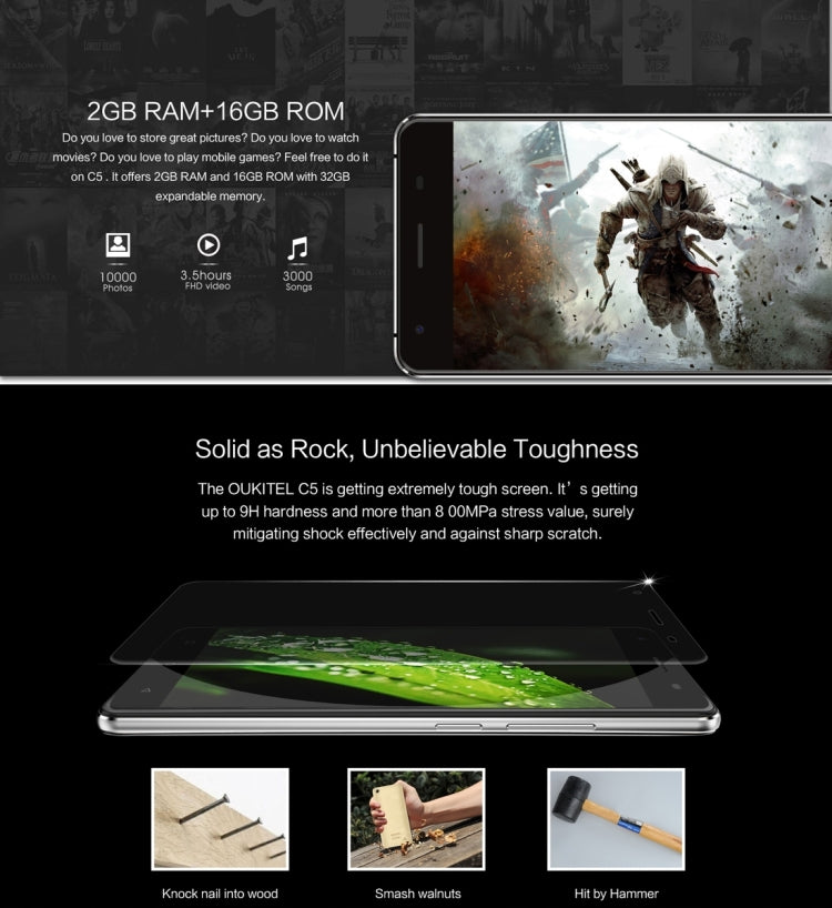 [HK Warehouse] OUKITEL C5, 2GB+16GB, 5.0 inch Android 7.0 MTK6580 Quad Core up to 1.3GHz, Network: 3G, Dual SIM, GPS, OTA, FM(Black)