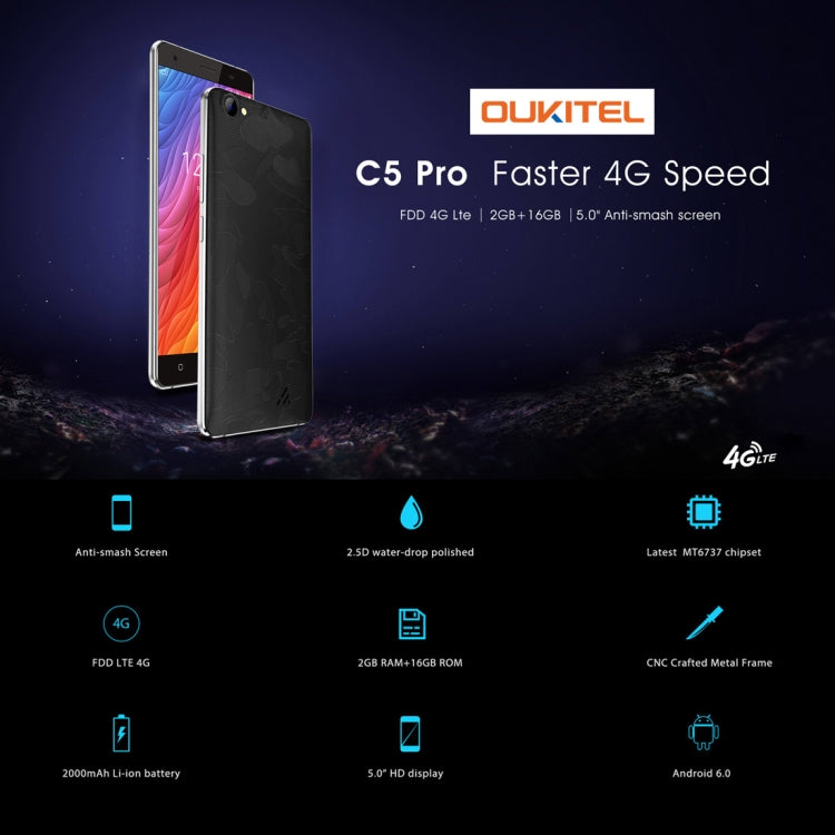 [HK Warehouse] OUKITEL C5 Pro, 2GB+16GB, 5.0 inch Anti-smashing Screen Android 7.0 MTK6737 Quad Core up to 1.3GHz, Network: 4G, Dual SIM, OTA