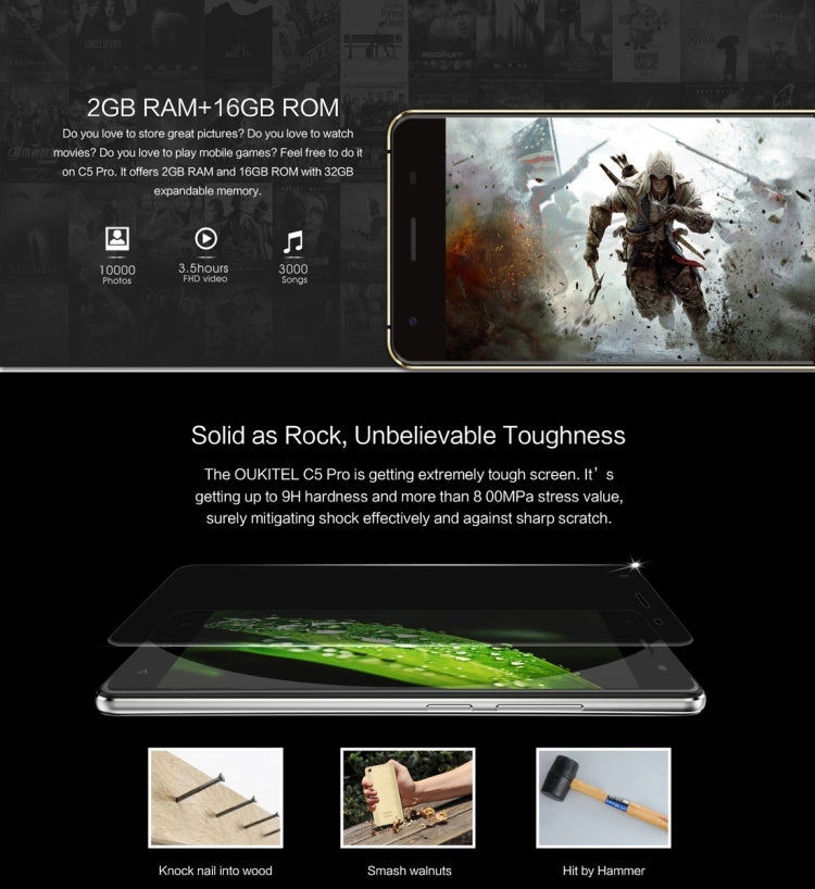 [HK Warehouse] OUKITEL C5 Pro, 2GB+16GB, 5.0 inch Anti-smashing Screen Android 7.0 MTK6737 Quad Core up to 1.3GHz, Network: 4G, Dual SIM, OTA
