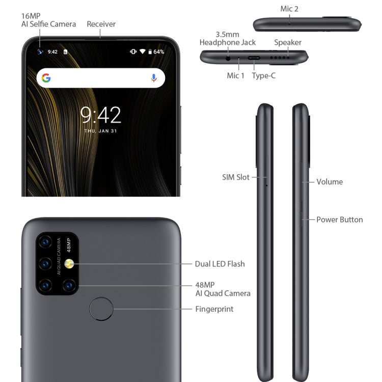[HK Warehouse] UMIDIGI Power 3, 4GB+64GB, Quad Back Cameras, 6150mAh Battery, Face ID & Fingerprint Identification, 6.53 inch Full Screen Android 10 MTK Helio P60 Octa Core up to 2.0GHz, Network: 4G, OTG, NFC, Dual SIM(Space Grey)