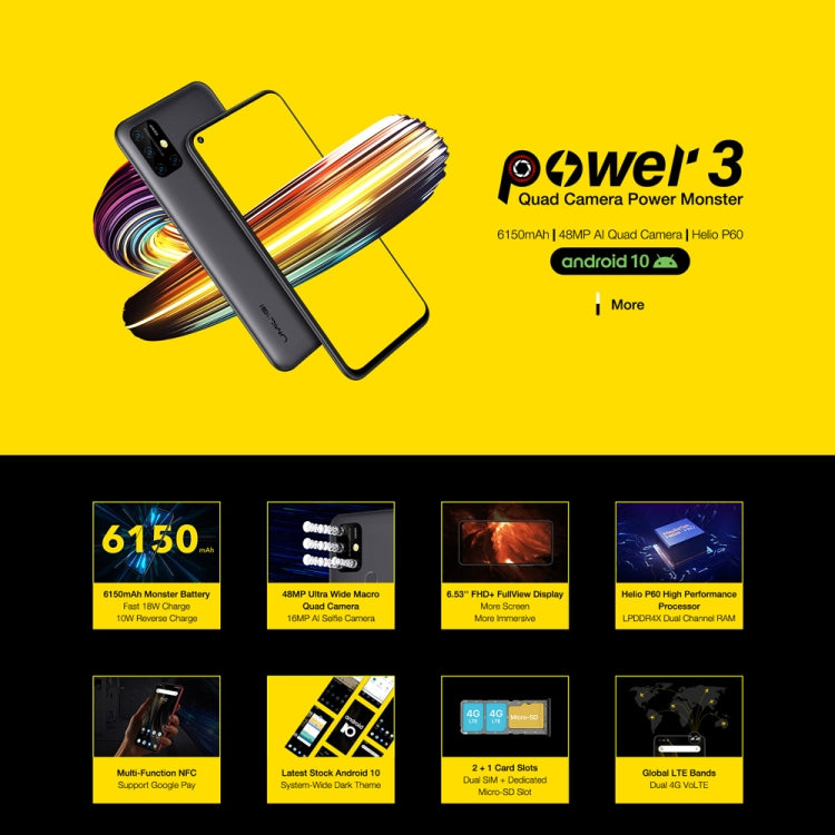 [HK Warehouse] UMIDIGI Power 3, 4GB+64GB, Quad Back Cameras, 6150mAh Battery, Face ID & Fingerprint Identification, 6.53 inch Full Screen Android 10 MTK Helio P60 Octa Core up to 2.0GHz, Network: 4G, OTG, NFC, Dual SIM(Space Grey)