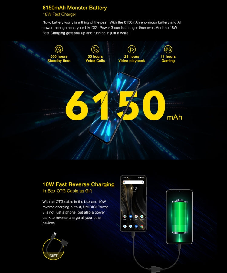[HK Warehouse] UMIDIGI Power 3, 4GB+64GB, Quad Back Cameras, 6150mAh Battery, Face ID & Fingerprint Identification, 6.53 inch Full Screen Android 10 MTK Helio P60 Octa Core up to 2.0GHz, Network: 4G, OTG, NFC, Dual SIM(Space Grey)