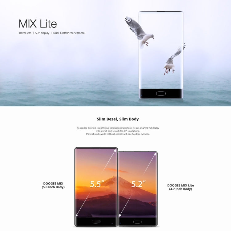[HK Warehouse] DOOGEE MIX Lite, 2GB+16GB, DTouch Fingerprint, Dual Back Camera, 5.2 inch Android 7.0 MTK6737 Quad Core up to 1.45GHz,  Network: 4G, Dual SIM