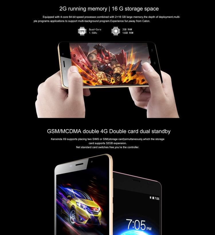 [HK Warehouse] KEN XIN DA X9, 2GB+16GB, 5000mAh Battery, 5.5 inch Android 7.0 SC9832 Quad Core up to 1.3GHz, Network: 4G, Dual SIM