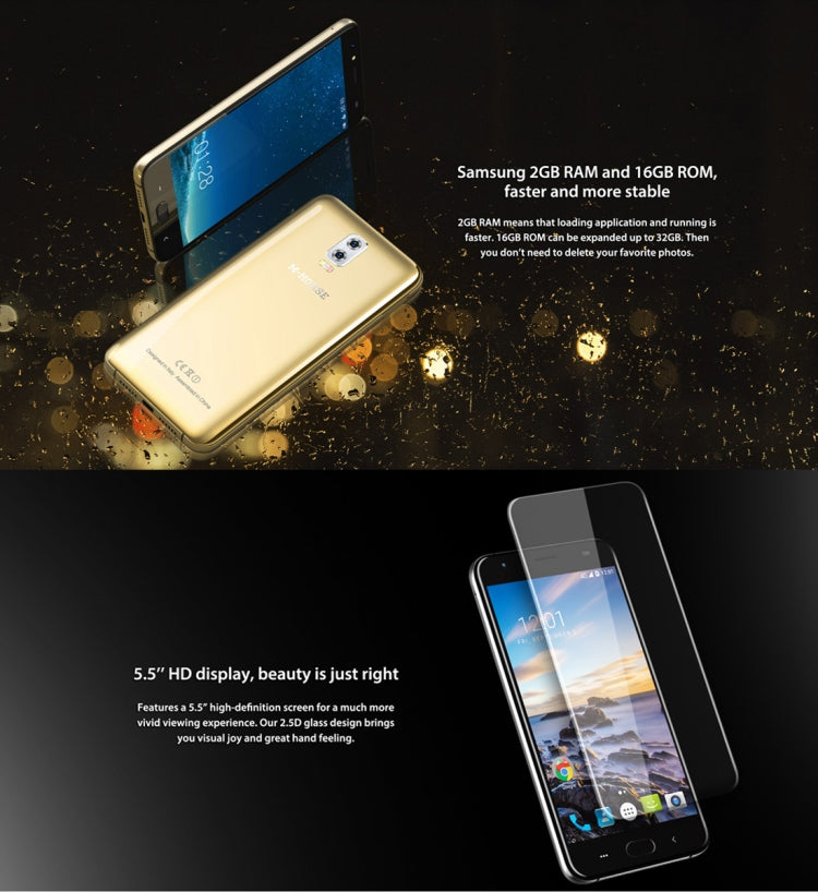 M-HORSE Power 2, 2GB+16GB, Dual Back Cameras, Fingerprint Identification, 6000mAh Battery, 5.5 inch Android 7.0 MTK6737 Quad Core up to 1.3GHz, Network: 4G, Dual SIM(Gold)