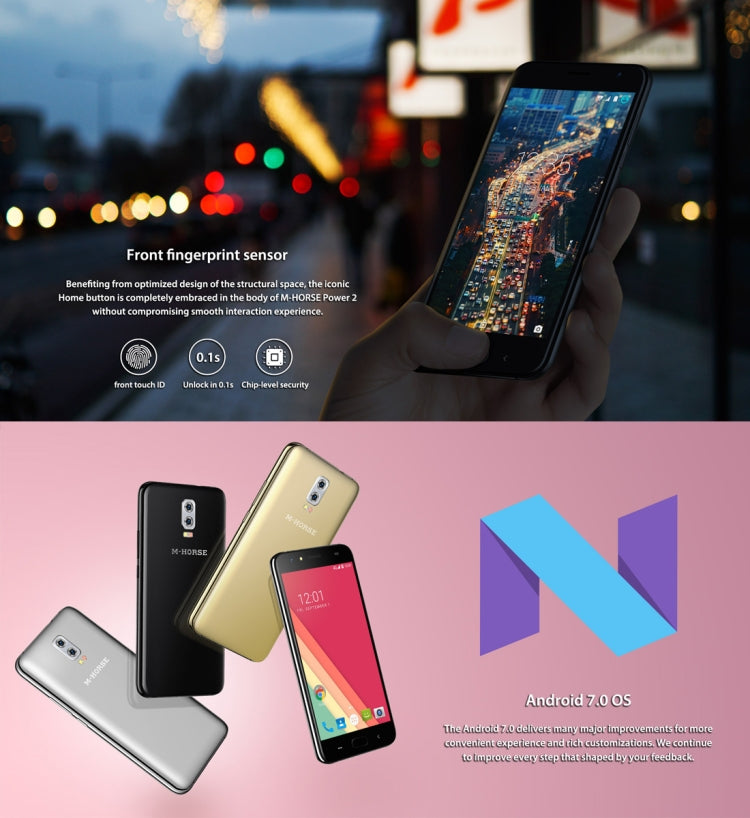 M-HORSE Power 2, 2GB+16GB, Dual Back Cameras, Fingerprint Identification, 6000mAh Battery, 5.5 inch Android 7.0 MTK6737 Quad Core up to 1.3GHz, Network: 4G, Dual SIM(Gold)