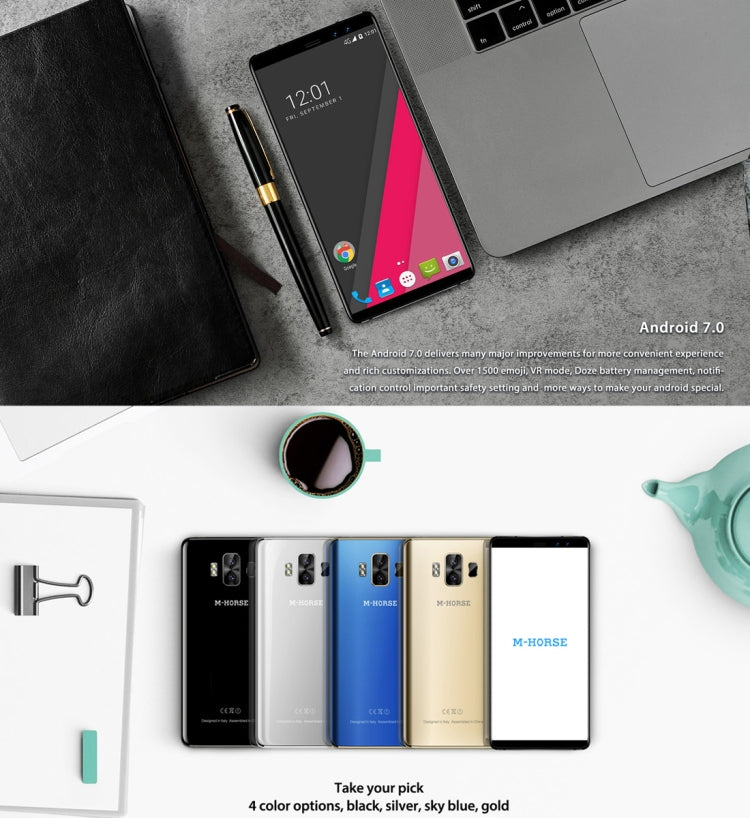 M-HORSE Pure 1, 3GB+32GB, Dual Back Cameras + Dual Front Cameras, Fingerprint Identification, 5.7 inch Android 7.0 MTK6737 Quad Core up to 1.3GHz, Network: 4G, Dual SIM