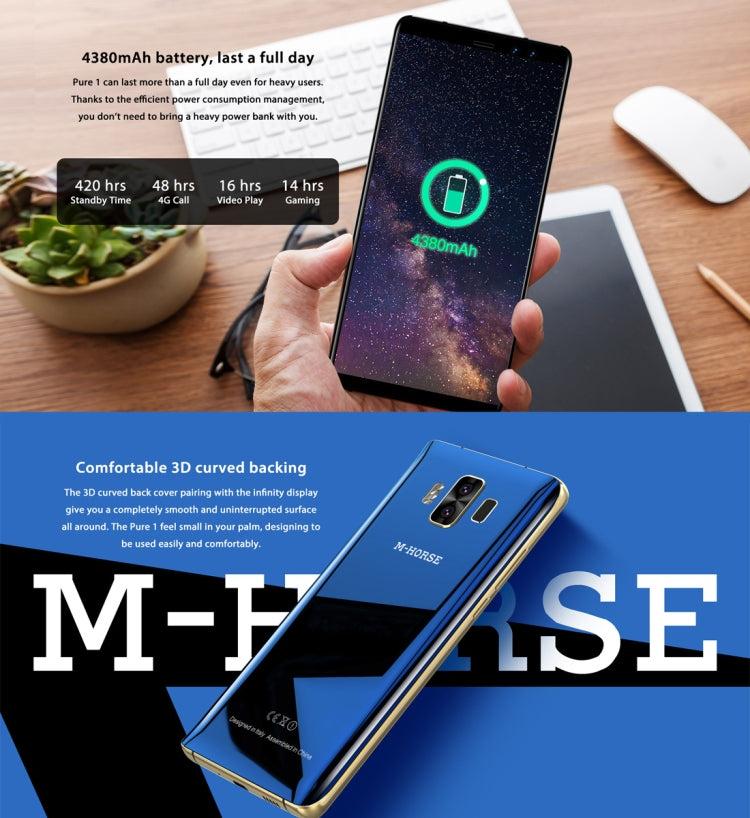 M-HORSE Pure 1, 3GB+32GB, Dual Back Cameras + Dual Front Cameras, Fingerprint Identification, 5.7 inch Android 7.0 MTK6737 Quad Core up to 1.3GHz, Network: 4G, Dual SIM