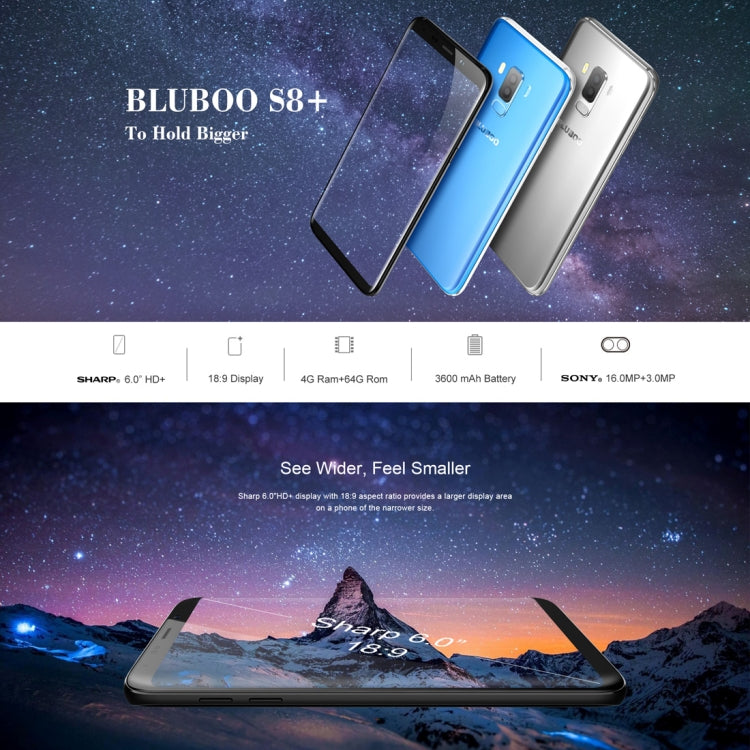 [HK Warehouse] BLUBOO S8+, 4GB+64GB, Dual Rear Cameras, Fingerprint Identification, 6.0 inch Android 7.0 MTK6750T Octa Core up to 1.5GHz, Network: 4G, Dual SIM(Blue)