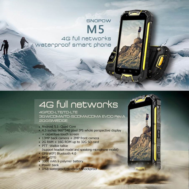 Snopow M5, 2GB+16GB, Walkie Talkie Function, IP68 Waterproof, Dustproof, Shockproof, 4.5 inch, Android 5.1 MTK6735 Quad Core up to 1.2GHz, Network: 4G