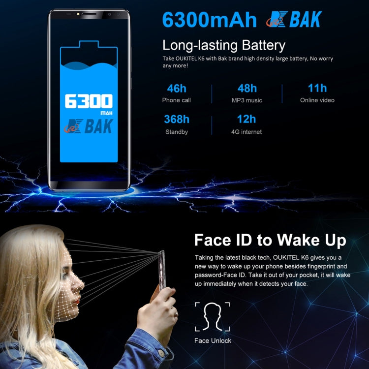 [HK Warehouse] OUKITEL K6, 6GB+64GB, Dual Back Cameras + Dual Front Cameras, 6300mAh Battery, Face & Fingerprint Identification, 6.0 inch Android 7.1 MTK6763 Octa Core up to 2.0GHz, Network: 4G, Dual SIM, NFC