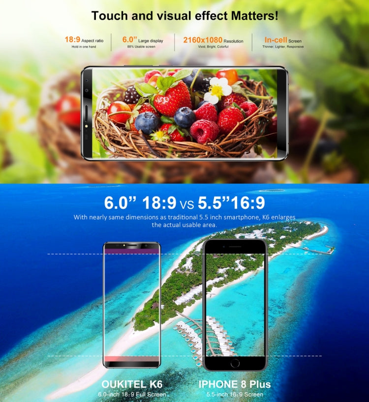 [HK Warehouse] OUKITEL K6, 6GB+64GB, Dual Back Cameras + Dual Front Cameras, 6300mAh Battery, Face & Fingerprint Identification, 6.0 inch Android 7.1 MTK6763 Octa Core up to 2.0GHz, Network: 4G, Dual SIM, NFC