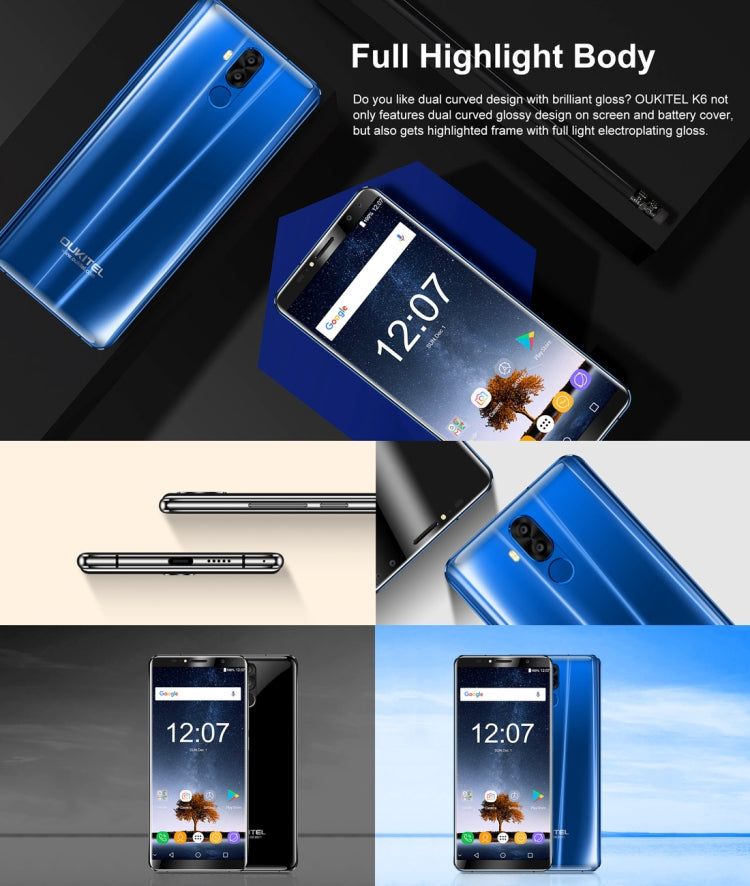 [HK Warehouse] OUKITEL K6, 6GB+64GB, Dual Back Cameras + Dual Front Cameras, 6300mAh Battery, Face & Fingerprint Identification, 6.0 inch Android 7.1 MTK6763 Octa Core up to 2.0GHz, Network: 4G, Dual SIM, NFC