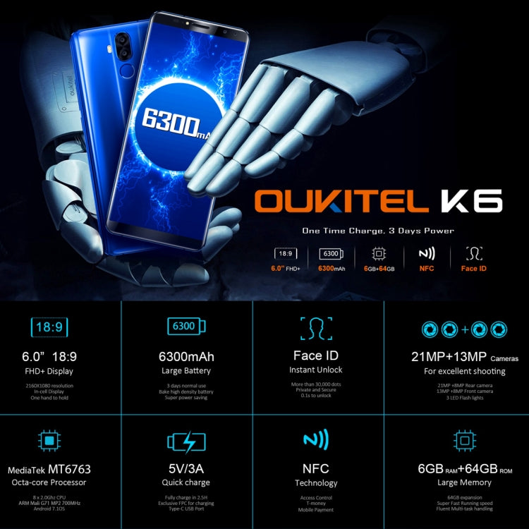 [HK Warehouse] OUKITEL K6, 6GB+64GB, Dual Back Cameras + Dual Front Cameras, 6300mAh Battery, Face & Fingerprint Identification, 6.0 inch Android 7.1 MTK6763 Octa Core up to 2.0GHz, Network: 4G, Dual SIM, NFC