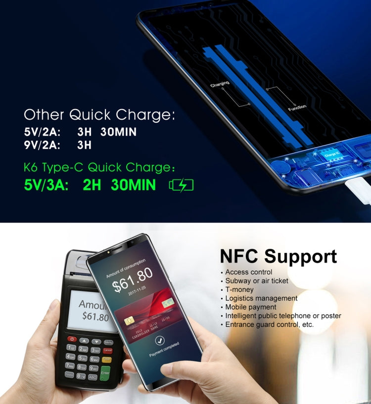 [HK Warehouse] OUKITEL K6, 6GB+64GB, Dual Back Cameras + Dual Front Cameras, 6300mAh Battery, Face & Fingerprint Identification, 6.0 inch Android 7.1 MTK6763 Octa Core up to 2.0GHz, Network: 4G, Dual SIM, NFC