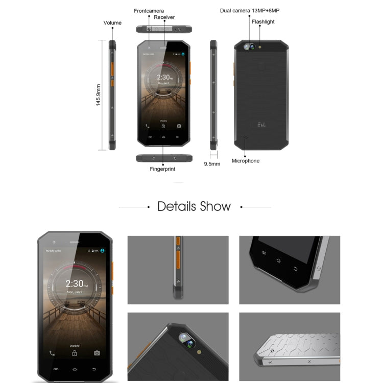 [HK Warehouse] E&L S70, 4GB+64GB, Dual Back Cameras, IP68 Waterproof Shockproof Dustproof, Fingerprint Identification, 5.0 inch Android 7.0 MTK6757 Octa Core up to 2.5GHz, Network: 4G, MIL-STD-810G Certification(Black)